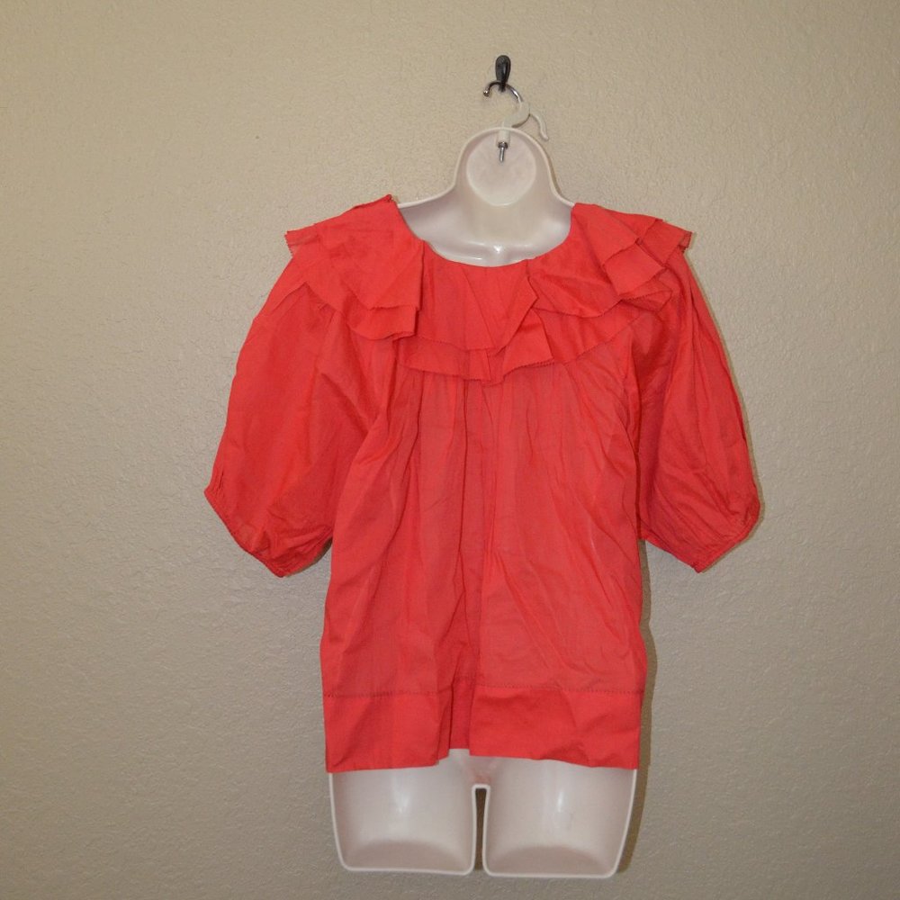 NWT $248 The Great The Sunrise Ruffled Cotton-Voile Red Short Sleeve Blouse - Picture 8 of 10